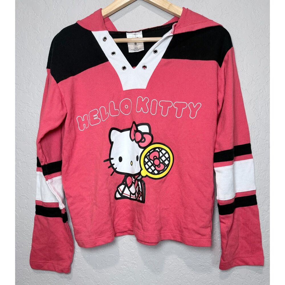 Hello Kitty Sanrio XS Pink Rugby Hoodie Tennis Graphic Y2K Kawaii Preppy Top